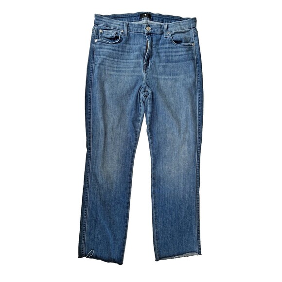 7 For All Mankind Denim - 7 For All Mankind Raw Hem Straight Leg Jeans Women Size 33 Cut 28" L Blue Grunge